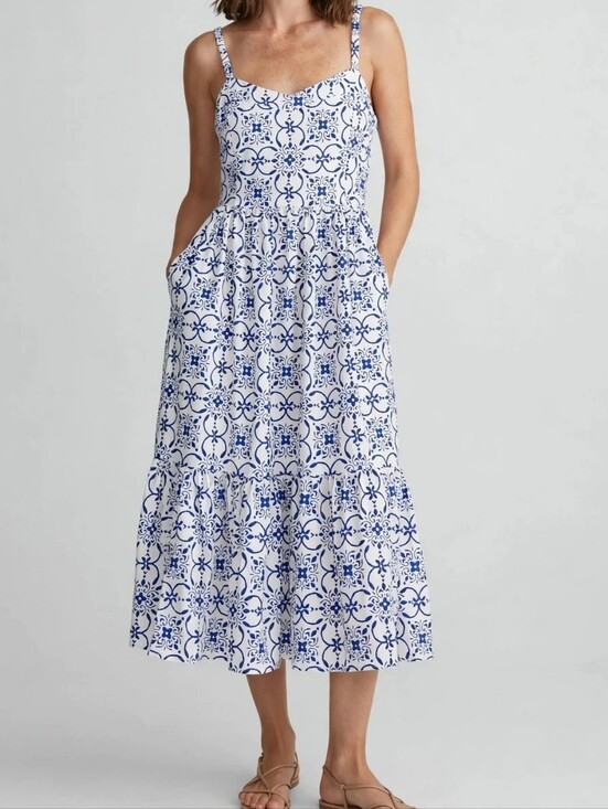 J. Crew Dresses & Skirts - J.CREW Tile Print Midi Sundress Size 10 Blue White Cotton Smocked Tiered Pockets